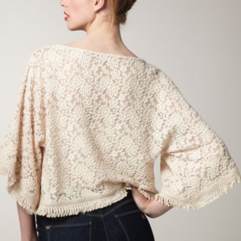 Patterson J. Kincaid Sego Cream Ivory Pullover Mesh Lace Round Neck Fringe Top S